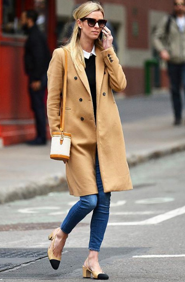 Nicky Hilton in a camel coat on the phone, carrying a small Paravel cylinder bucket bag.