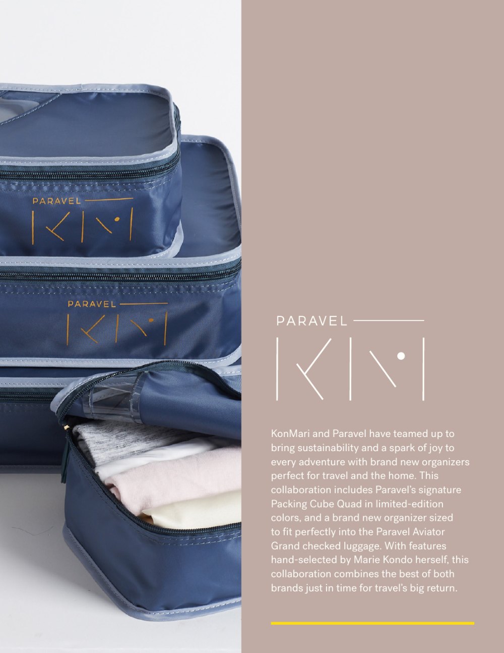 KonMari × Paravel collection one-pager: navy packing cubes with the co-branded PARAVEL KonMari logo over a mauve panel.