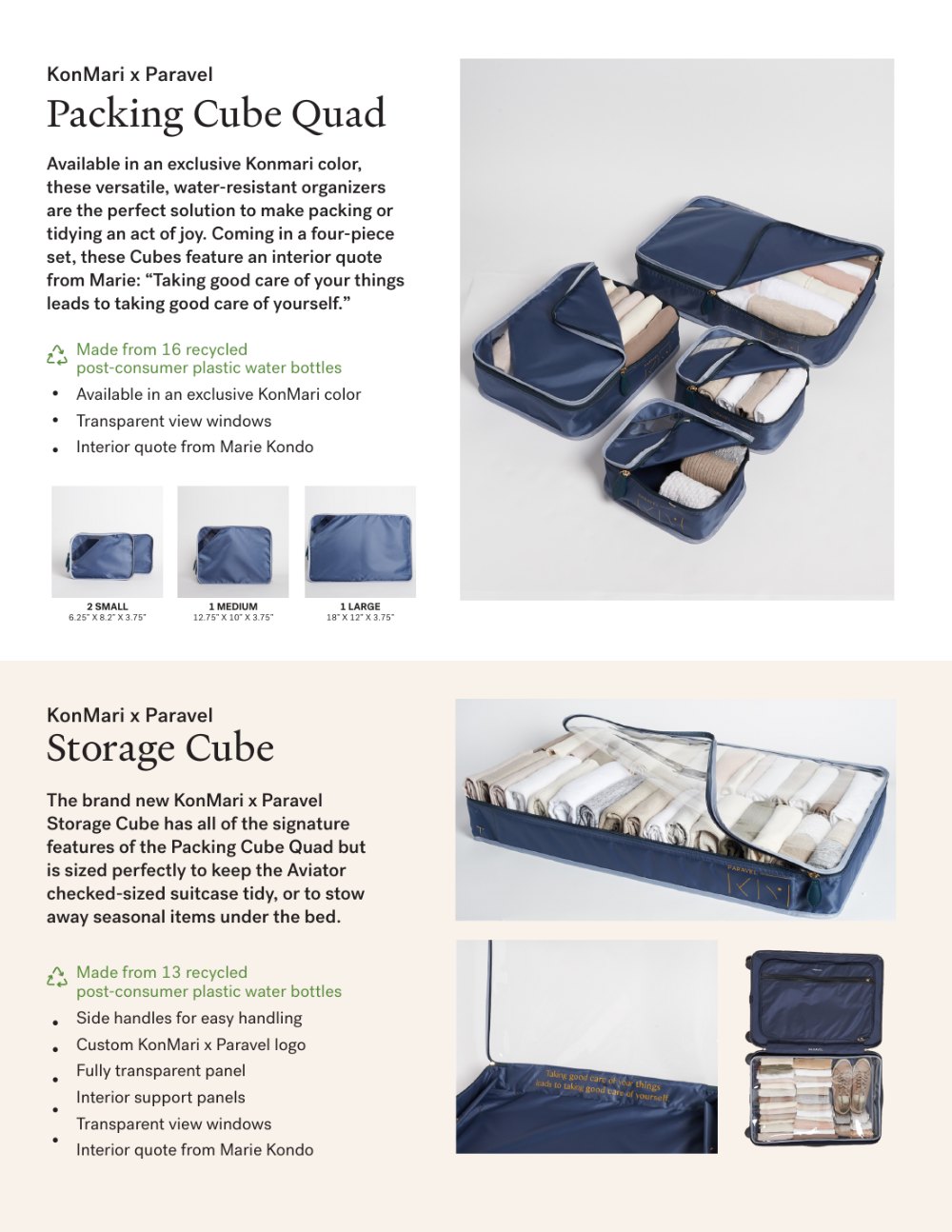 KonMari × Paravel one-pager detailing the Packing Cube Quad and Storage Cube, made from recycled water bottles.