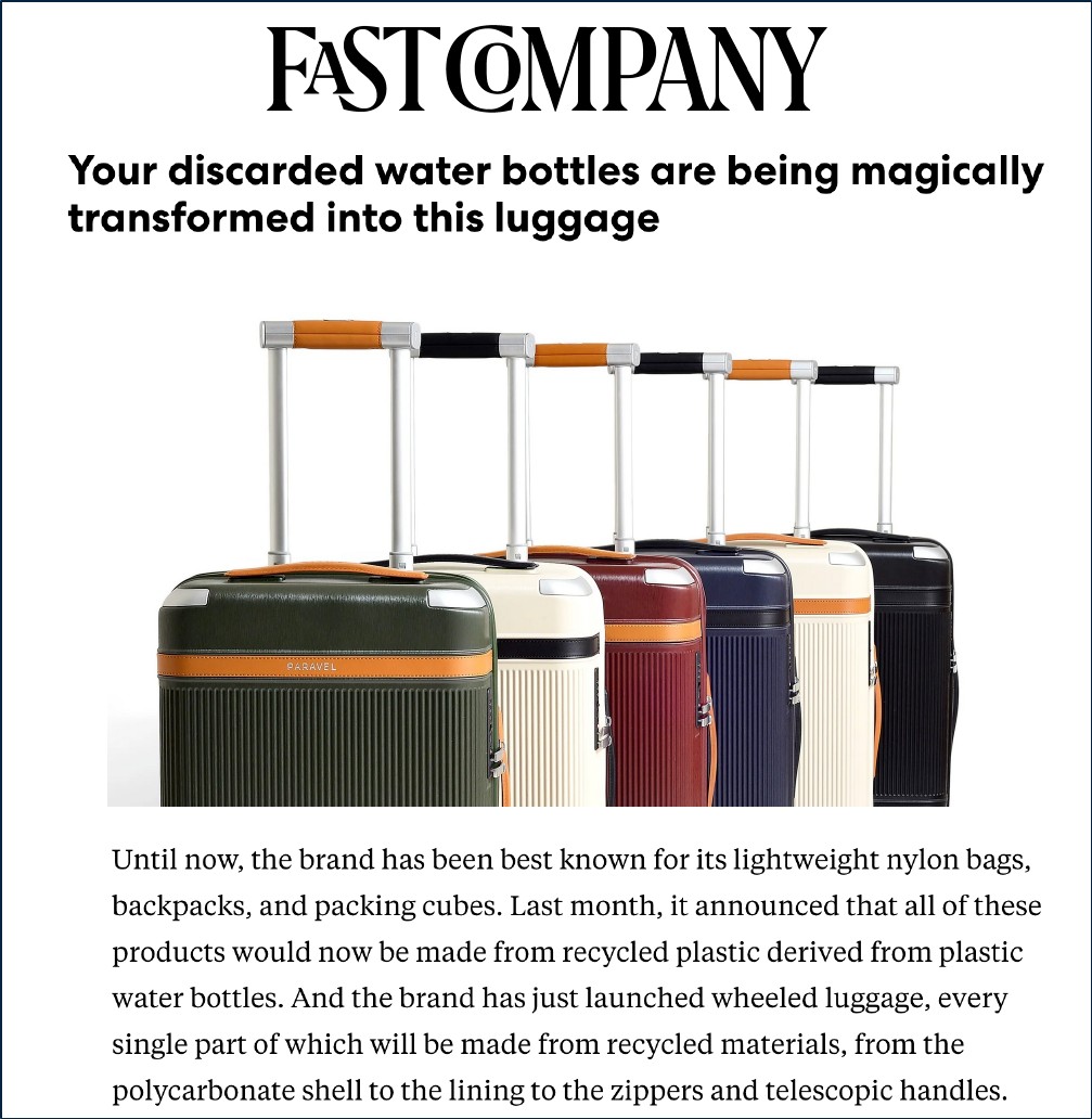Fast Company, 2019: &lsquo;Your discarded water bottles are being magically transformed into this luggage,&rsquo; with a lineup of Aviator cases in five colors.