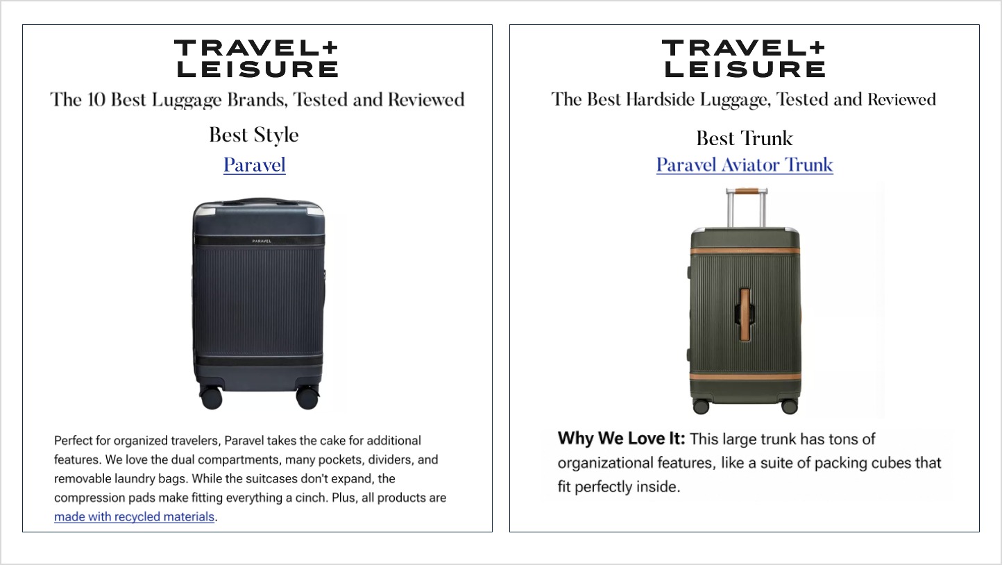 Travel + Leisure, 2024: Paravel named across two best-luggage roundups — Best Brands (Best Style) and Best Hardside (Best Trunk) — with Aviator product shots.