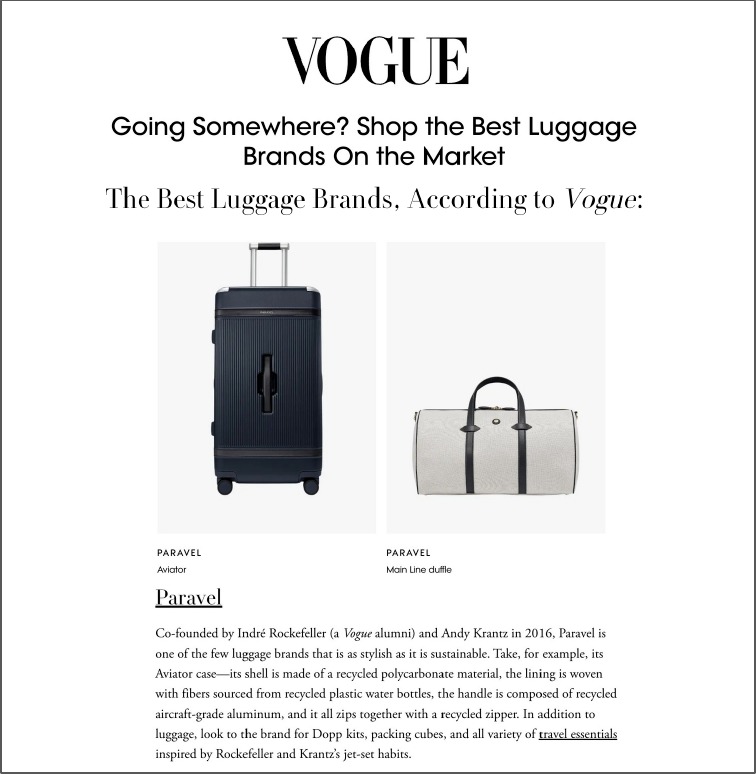 Vogue, 2024: &lsquo;Shop the Best Luggage Brands On the Market,&rsquo; featuring the Paravel Aviator and Main Line duffle with an editor write-up of the brand.